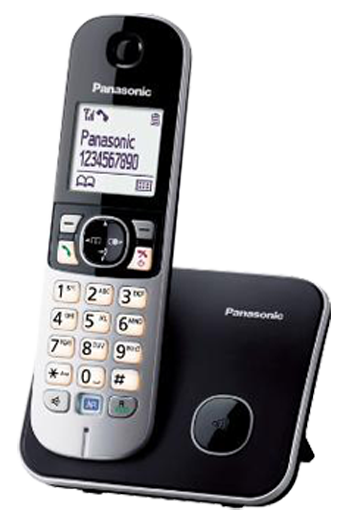 Egy fekete Panasonic vezeték nélküli telefon, a kézibeszélővel és a bázisállomással.