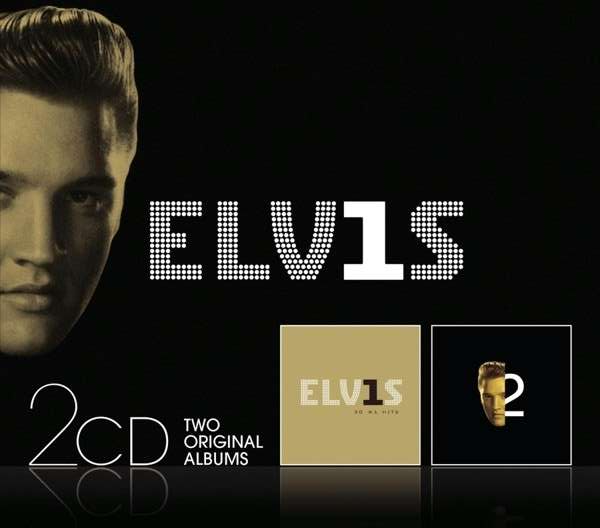 Album borító Elvis-szel, a „ELVIS” szöveggel pontokban, és a „2CD TWO ORIGINAL ALBUMS” felirattal fekete háttéren.