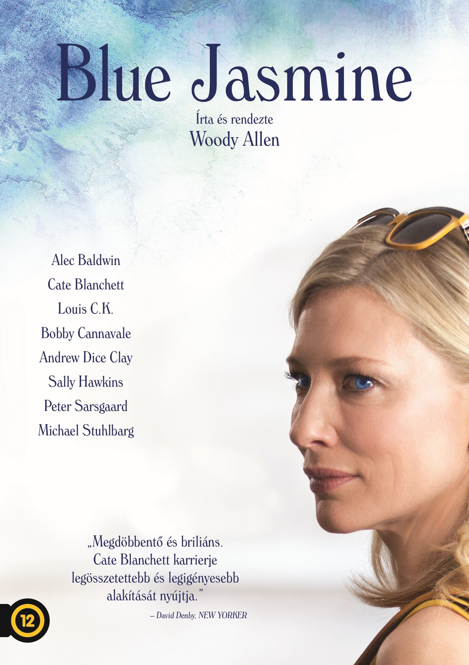 A Blue Jasmine filmplakátja. Cate Blanchett, kék tónusú háttér és szereplőlista.