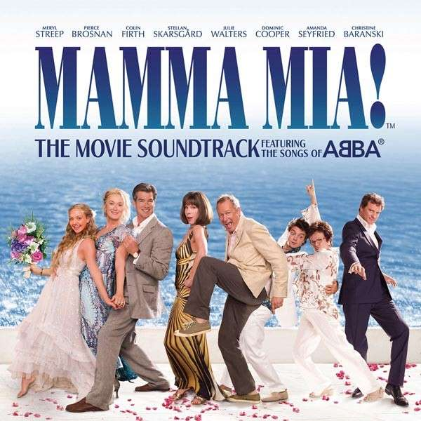 A 'Mamma Mia! The Movie Soundtrack' album borítója. Egy csoport táncoló ember, világos háttér.
