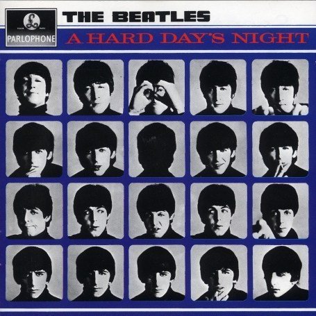Album borító: The Beatles, A Hard Day's Night. A zenekar tagjainak arcai rácsban. Kék és fehér színvilág.