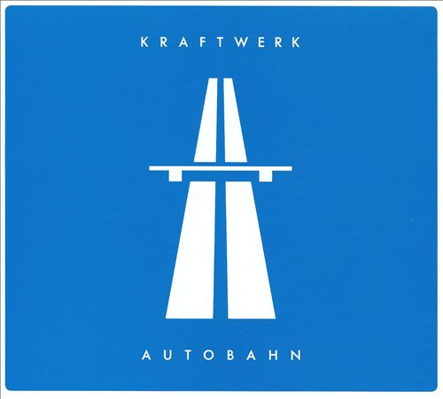 Kraftwerk album borító: Fehér autópálya szimbólum kék háttéren, 'Autobahn' felirattal.