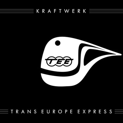Album borító: Fehér vonat logó fekete háttéren, 'Kraftwerk' zenekarral.