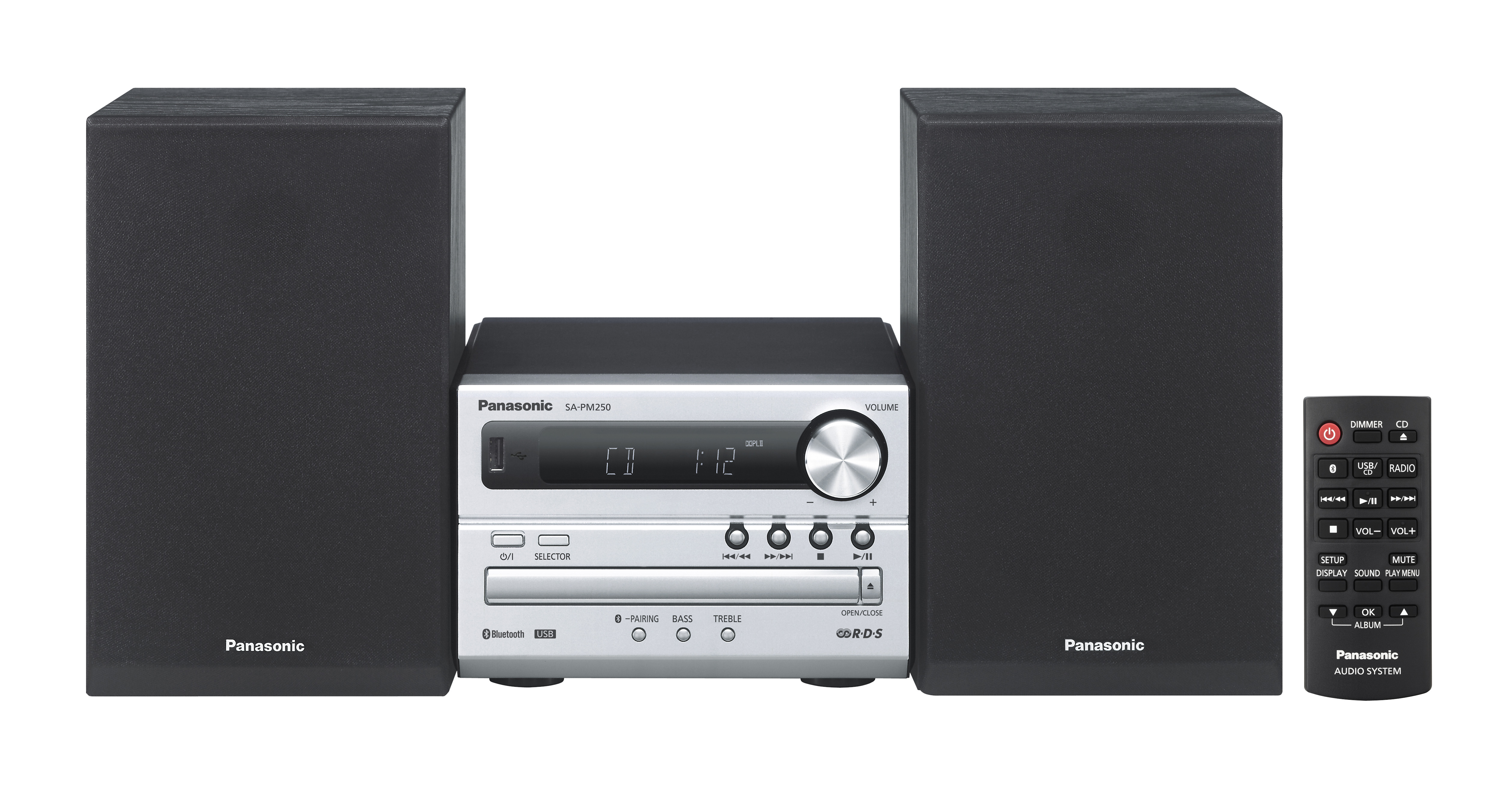 Panasonic Audiosystem. Stereoanlage mit zwei Lautsprechern, einer Zentraleinheit und einer Fernbedienung.