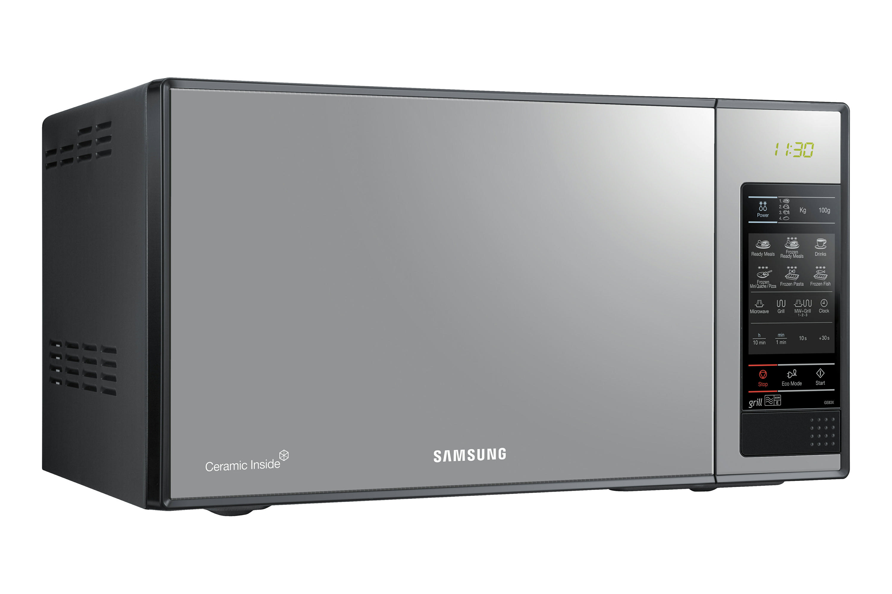 Dijital saat ve kontrol paneli olan gümüş renkli bir Samsung mikrodalga fırın.