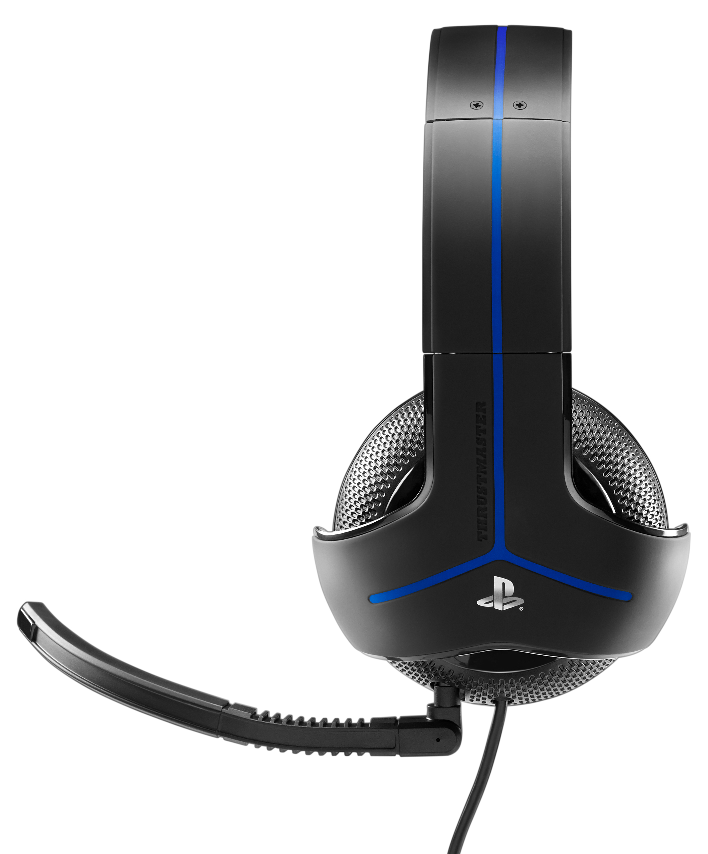 Schwarzes und blaues Thrustmaster-Gaming-Headset. Es hat ein Mikrofon und das PlayStation-Logo auf der Ohrmuschel.