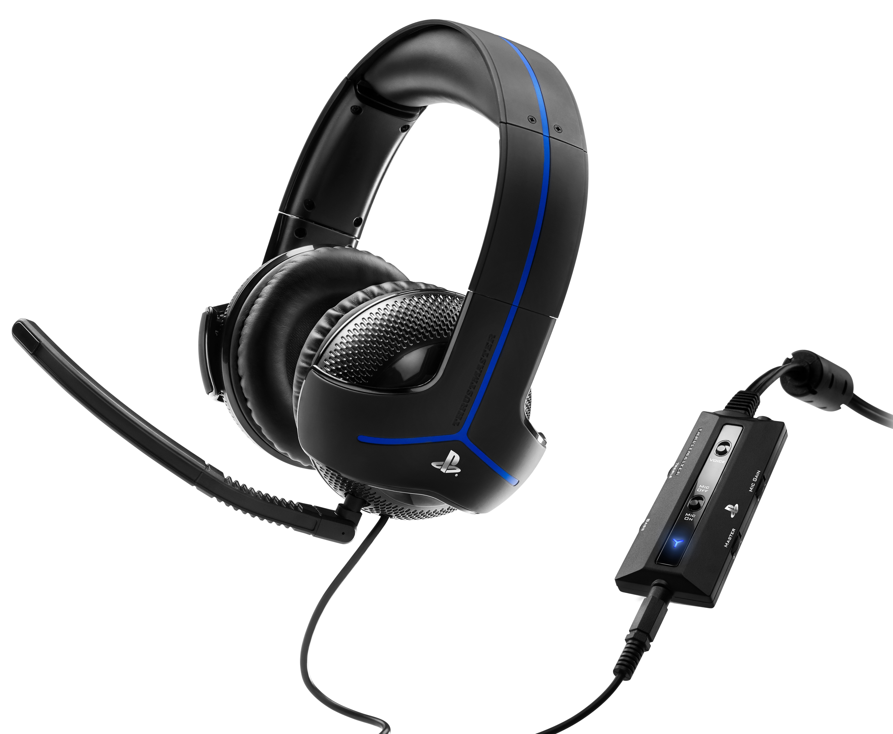 Schwarzes PlayStation-Gaming-Headset mit blauen Akzenten und Steuereinheit. Das Headset hat ein Mikrofon.