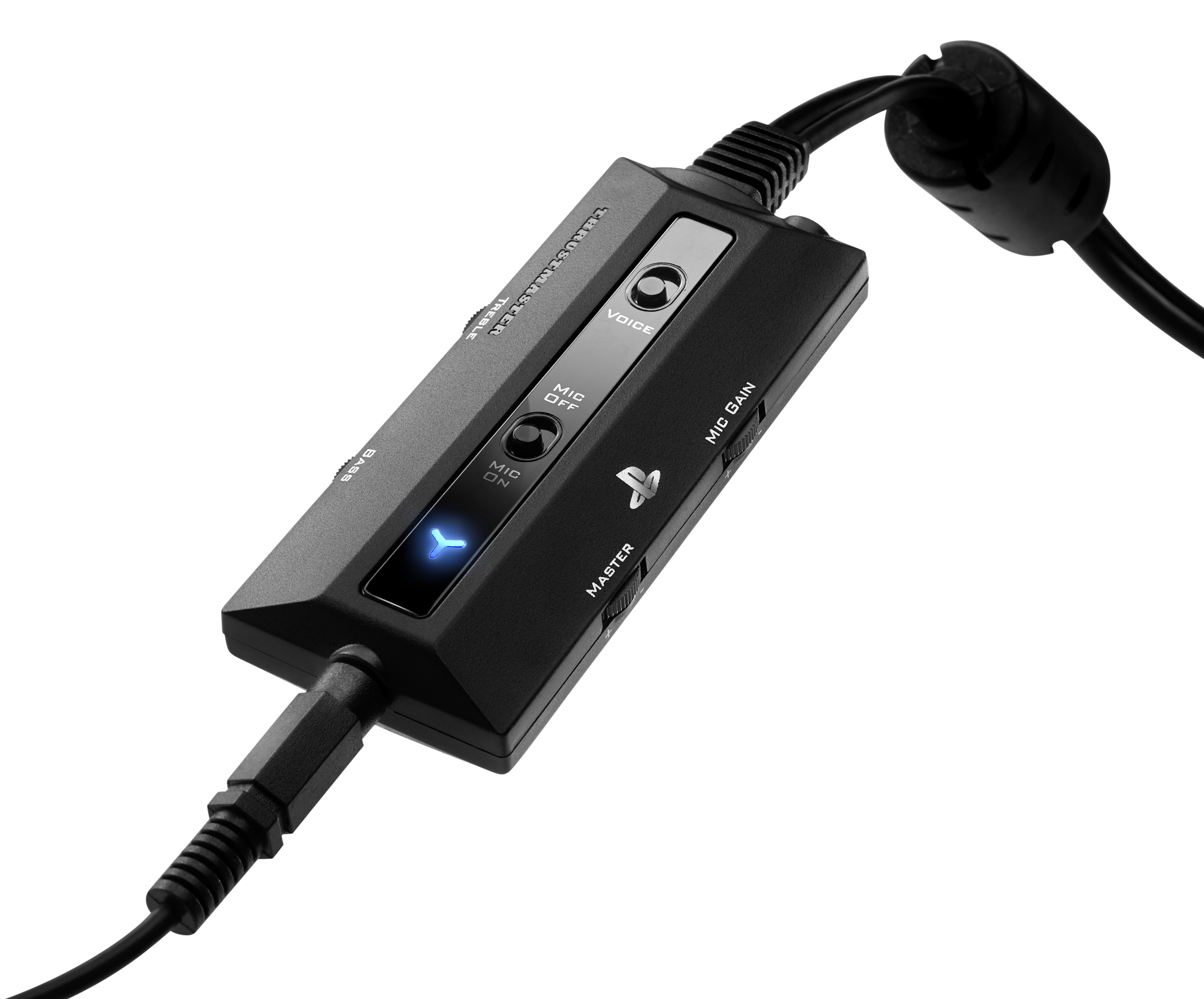 Ein schwarzer Audiomixer mit PlayStation-Logo. Er hat verschiedene Knöpfe, Regler und Anschlüsse, mit Kabeln.