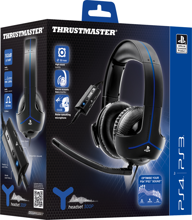 Schachtel mit Thrustmaster-Headset 300P. Schwarzes und blaues Headset, abgewinkelt. Enthält Spezifikationen und Funktionen.
