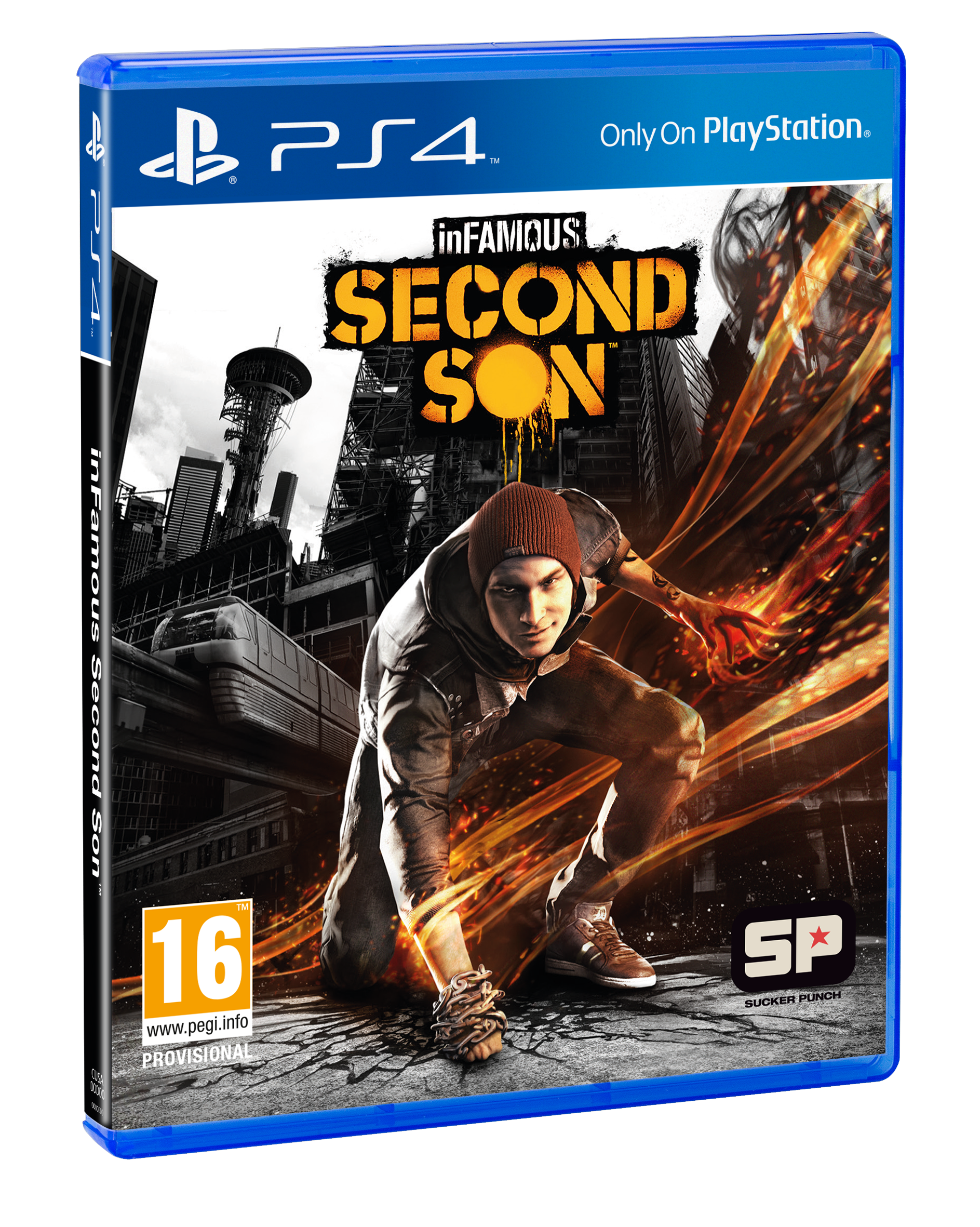 Játék borító: karakter guggol, városkép háttér. Cím: Infamous Second Son. Kék és narancs.
