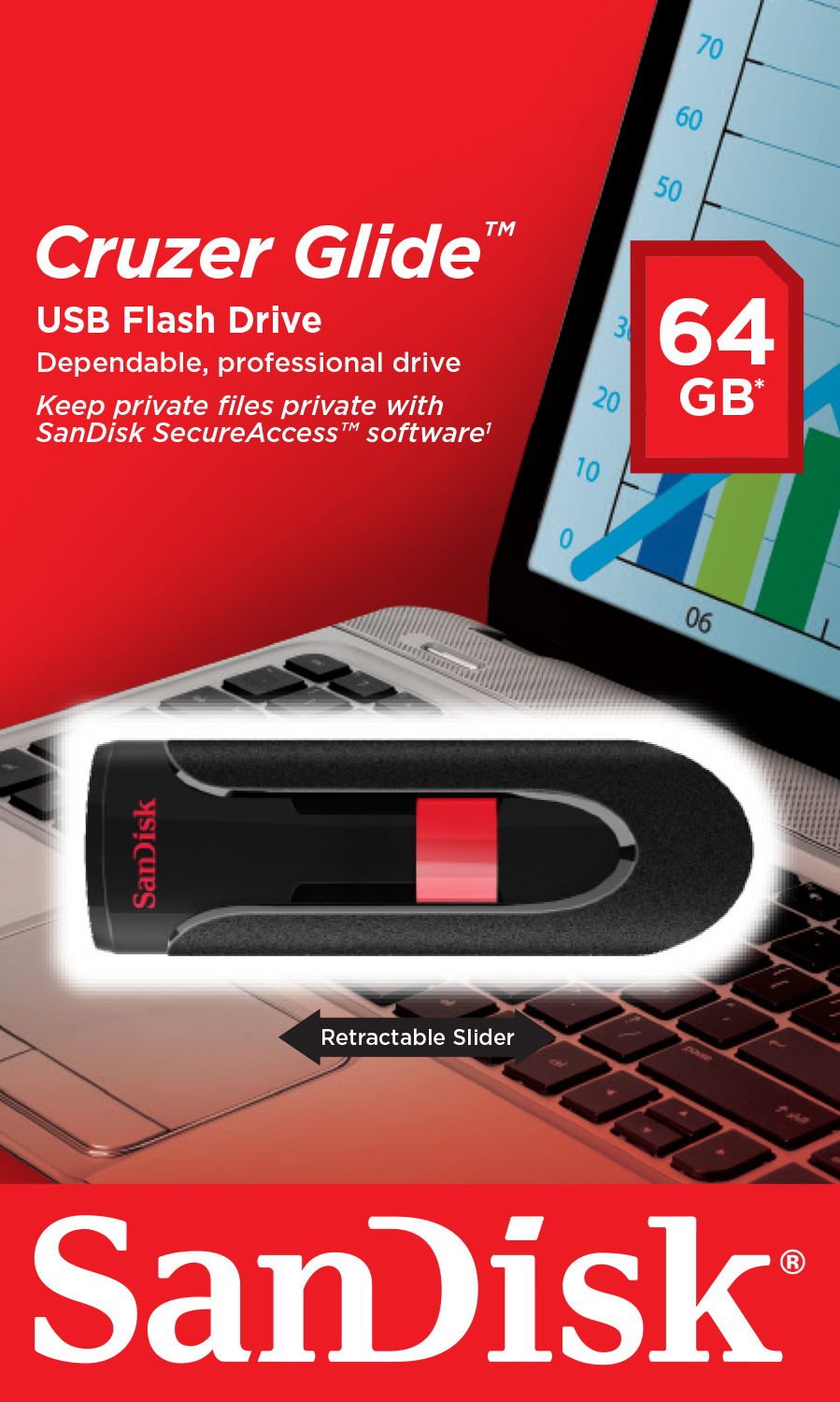 SanDisk Cruzer Glide USB-Stick. Schwarzer und roter USB-Stick auf einem Laptop. Ein Datendiagramm.
