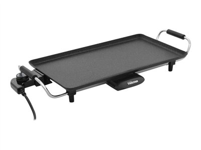 Black electric griddle. Rectangular shape. Silver handles and legs. Controls on the left.
