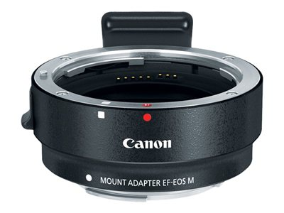 Canon Mount Adapter EF-EOS M. Black adapter with a red dot and Canon logo. White background.