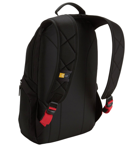 Een zwarte rugzak met rode details. De achterkant is zichtbaar, met riemen en vulling.