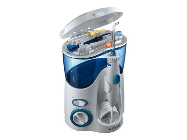 White and blue Waterpik water flosser, with the top open and accessories visible.