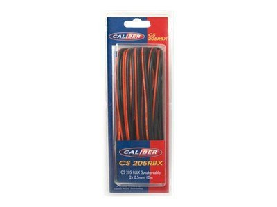 A package of speaker wire, black and orange, is visible. Text says Caliber CS 205RBX.