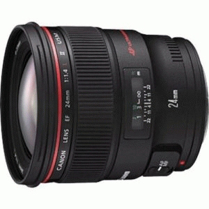 A Canon 24mm lens with a red ring and the brand name visible.