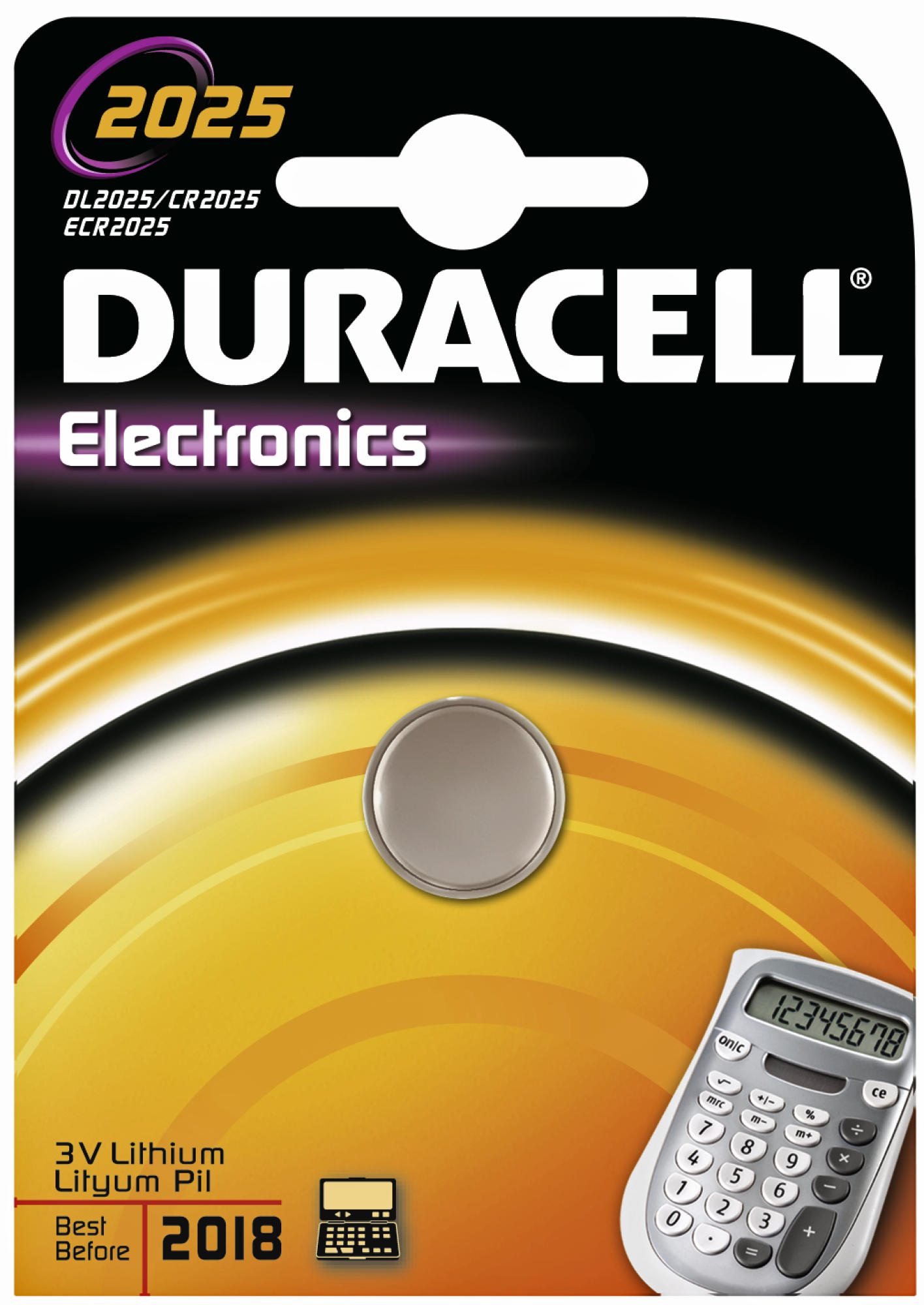 Duracell batterijverpakking met een rekenmachine in de hoek. Zwart, geel en wit.