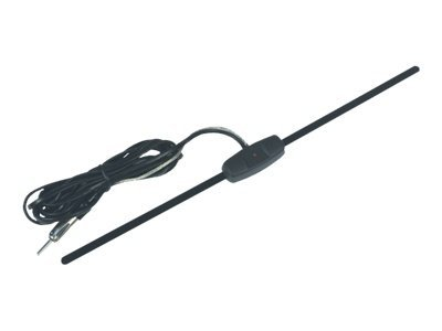 Black car antenna with a cable and a connector at the end. White background.