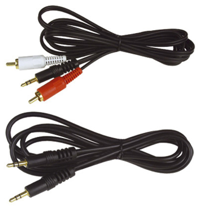 Two black audio cables with different color connectors.