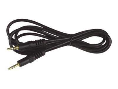 Black audio cable with two 3.5mm jacks, lying on a white background.