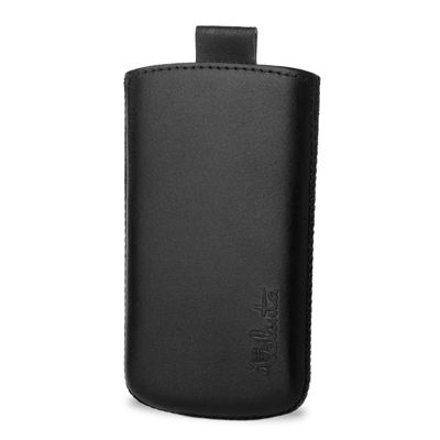Zwarte leren telefoonhoes met lus en de merknaam Vikuta.