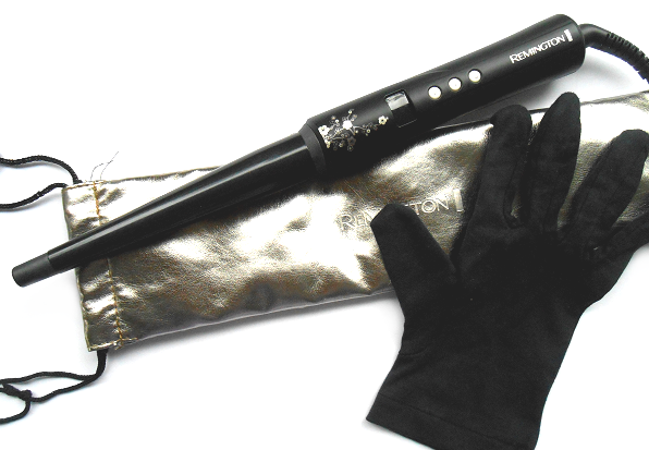 A black Remington curling iron with accessories. A black glove and pouch.