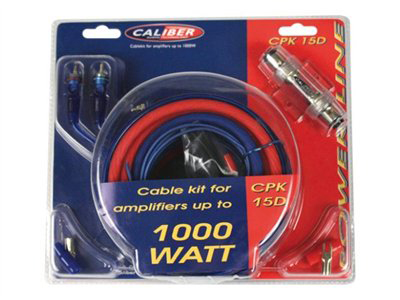 Car audio cable kit in a plastic package. Red, blue cables and connectors.