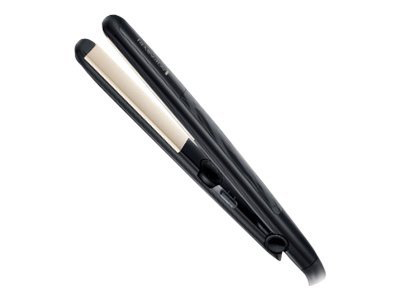 A black hair straightener, angled view. Ceramic plates, black handle, and on a white background.