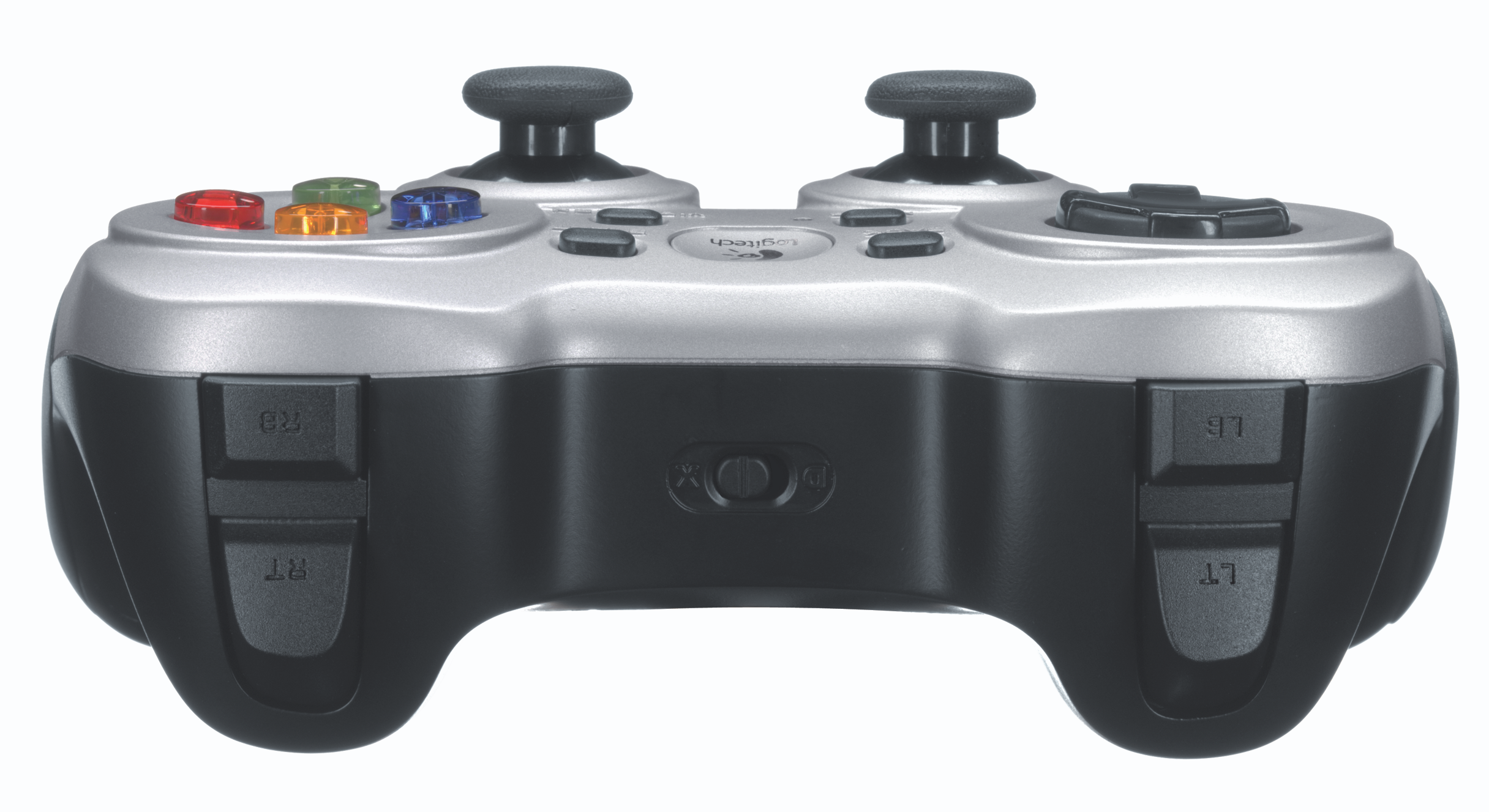 Een zilver-zwarte gamecontroller, knoppen en joysticks zichtbaar.