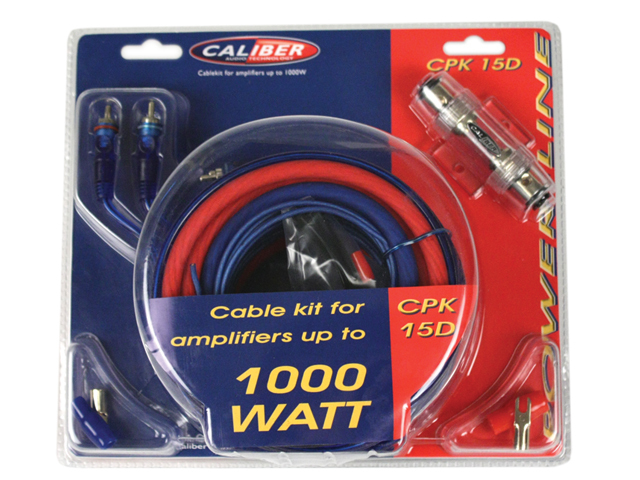 Cable kit packaging. Red and blue cables, connectors. Text: Caliber, cable kit for amplifiers.