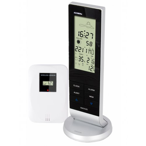 Weather station with a display screen. It's white with black display. A white sensor is next to it.