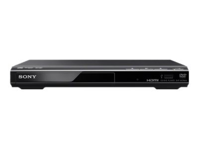 Zwarte Sony dvd-speler. Zilveren strip aan de onderkant.