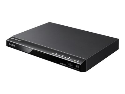 Zwarte Sony dvd-speler op een witte achtergrond. Het is rechthoekig en heeft een sleuf voor schijven en een aan/uit-knop.