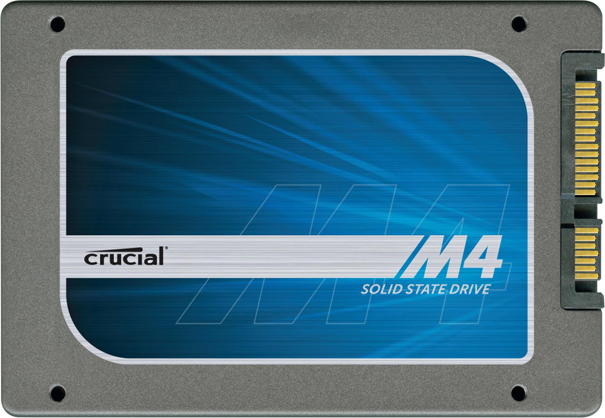 Silber-blaue SSD mit 'Crucial M4' Aufschrift.  Ein Anschluss befindet sich auf der rechten Seite.