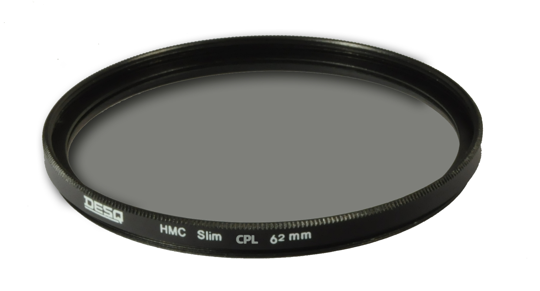 A black camera filter, labeled DESQ HMC Slim CPL 62 mm, lies on a white surface. The filter is circular with a gray lens.