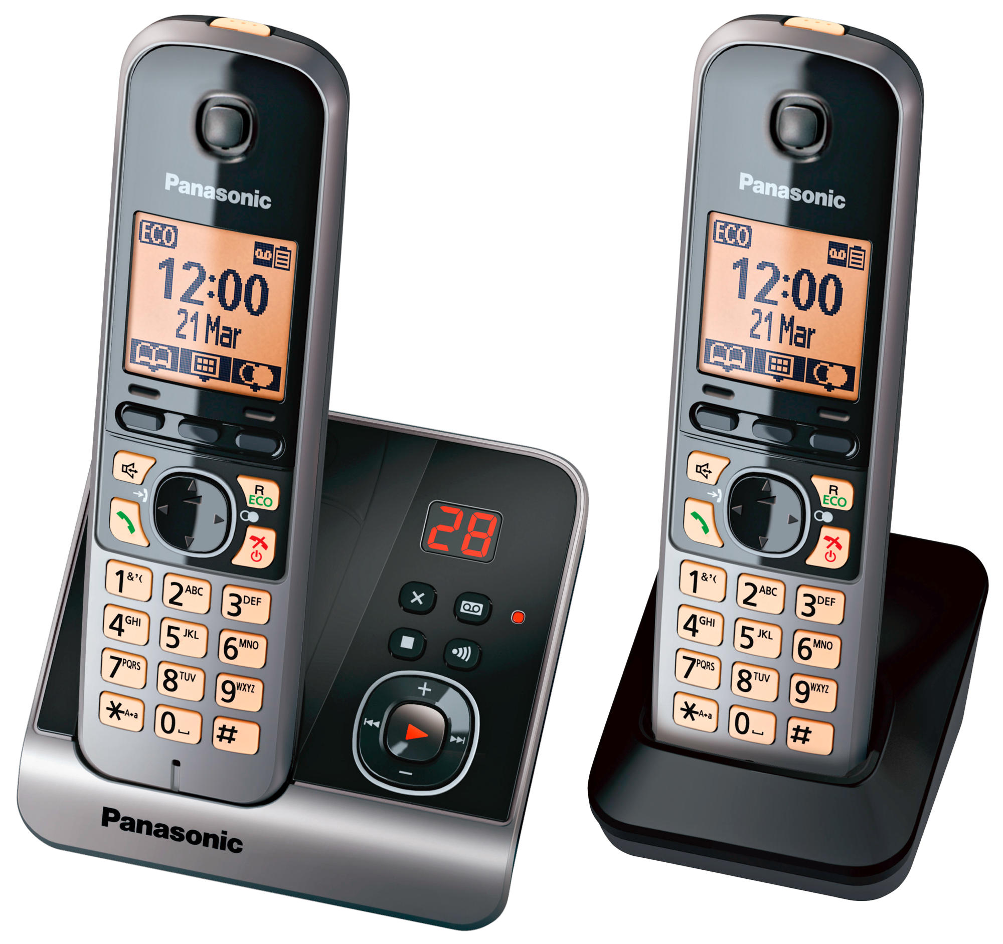 Twee zwarte Panasonic draadloze telefoons met een basis. De tijd 12:00 staat op het scherm.