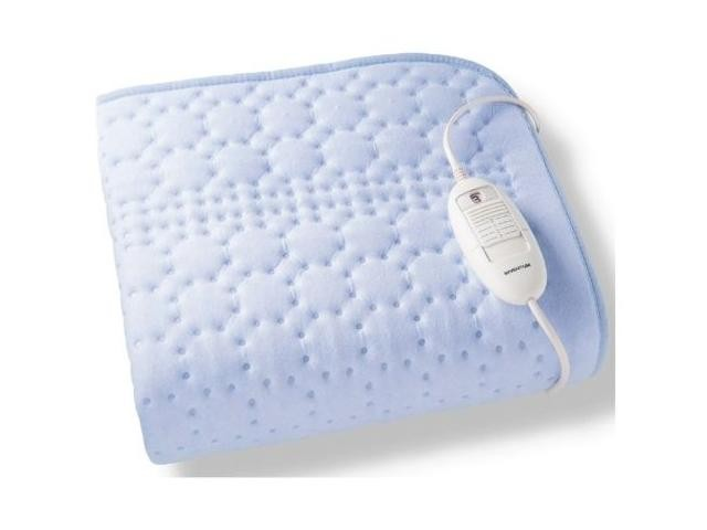 Light blue heating blanket with white control panel and cord.