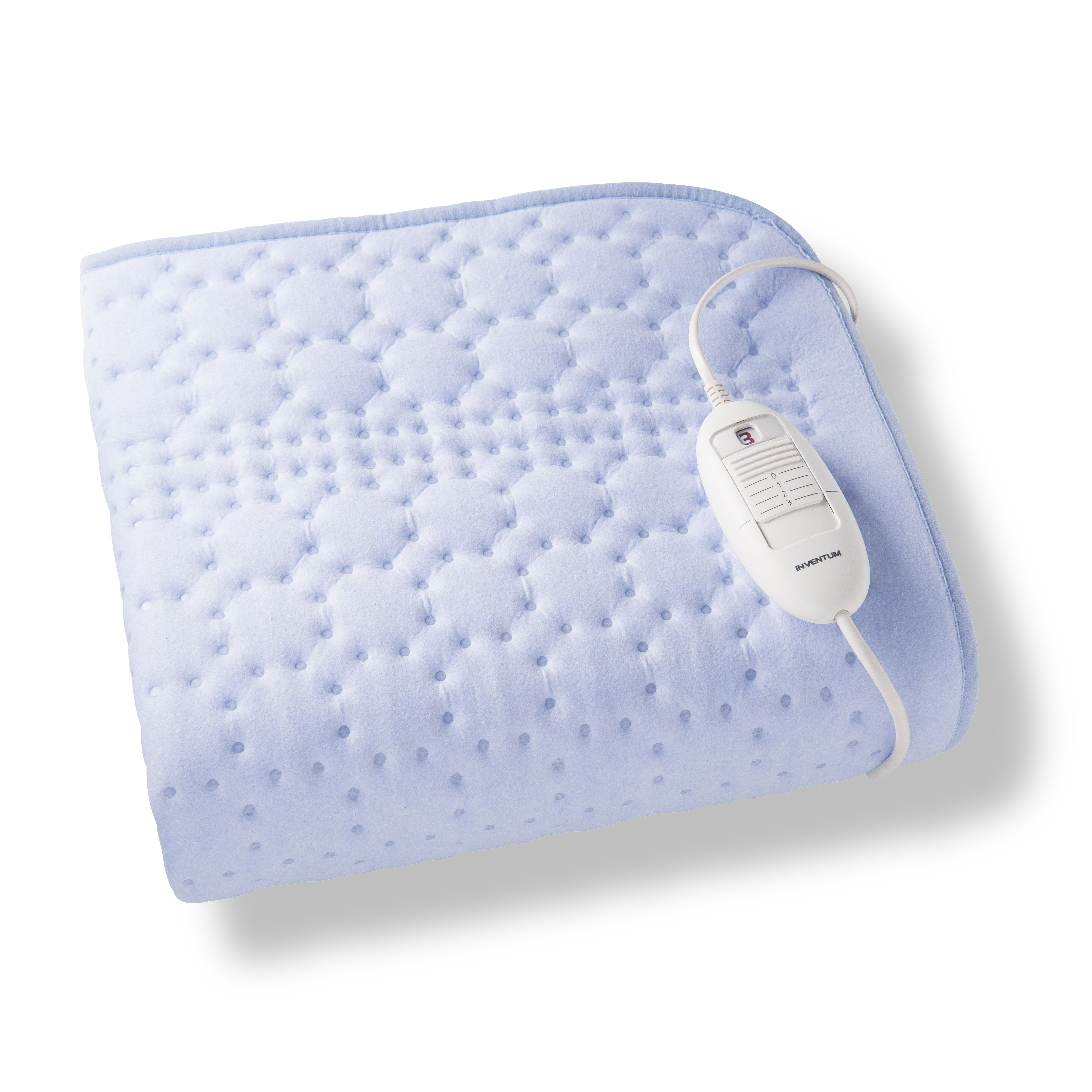 Light blue heated blanket with white control panel on a white background.