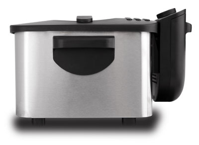 Silver and black deep fryer, with a control panel on the right side.