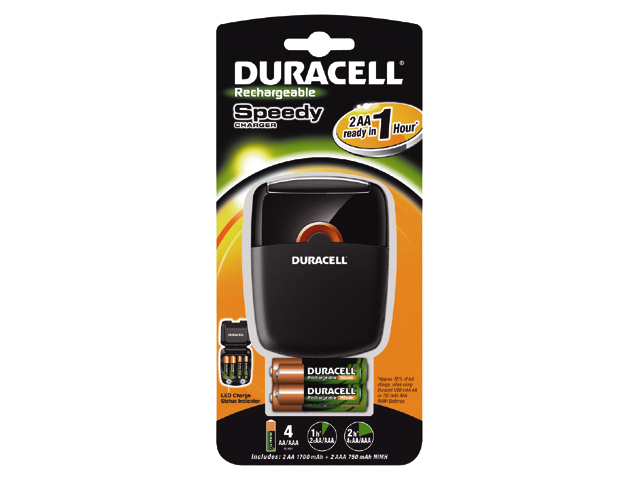 Duracell oplaadbare batterijoplader met batterijen, zwart-oranje verpakking.