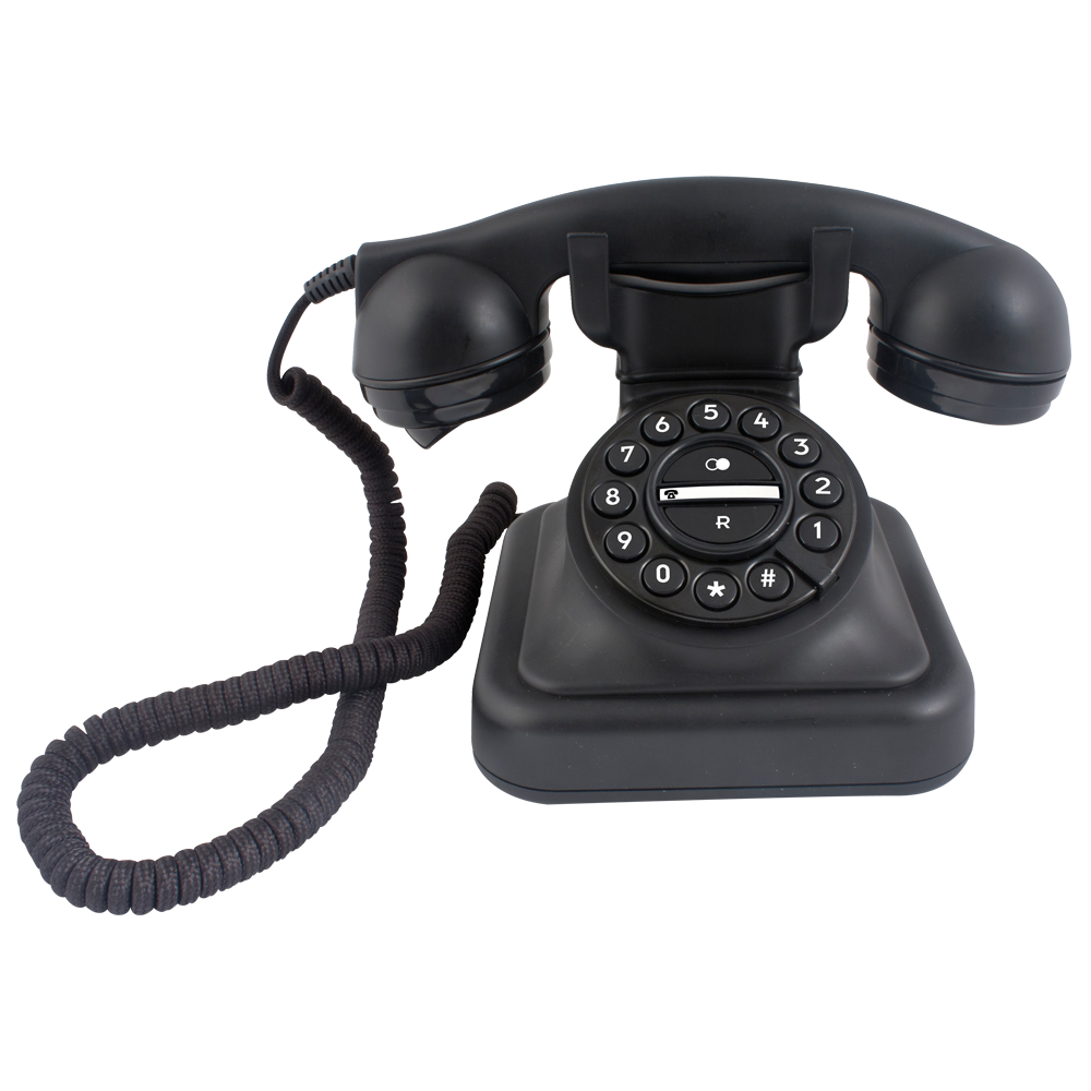 Zwarte vintage telefoon. Draaiknop met nummers 0-9, R en * en # knoppen. Snoer bevestigd.