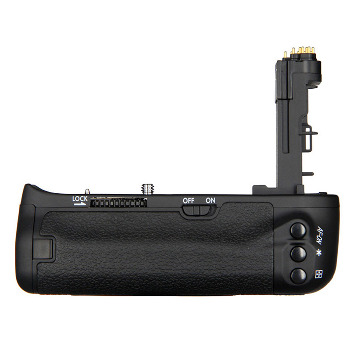 Black camera battery grip with buttons, dials, and a lock switch.