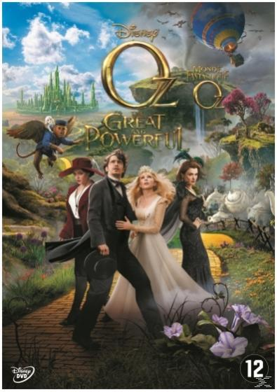 Filmposter. 'Oz the Great and Powerful' personages in een fantasie scène met een groene stad.
