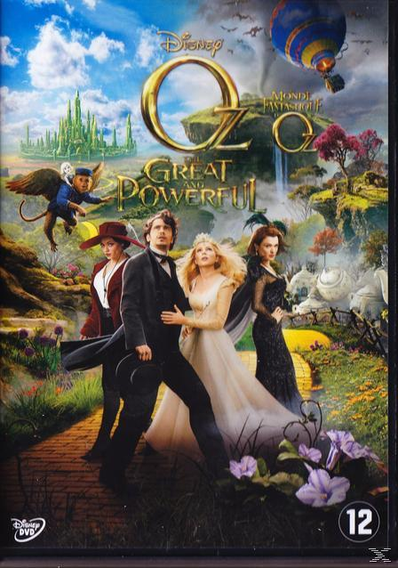 DVD-hoes voor 'Oz the Great and Powerful' met acteurs en een fantastisch landschap op de achtergrond.