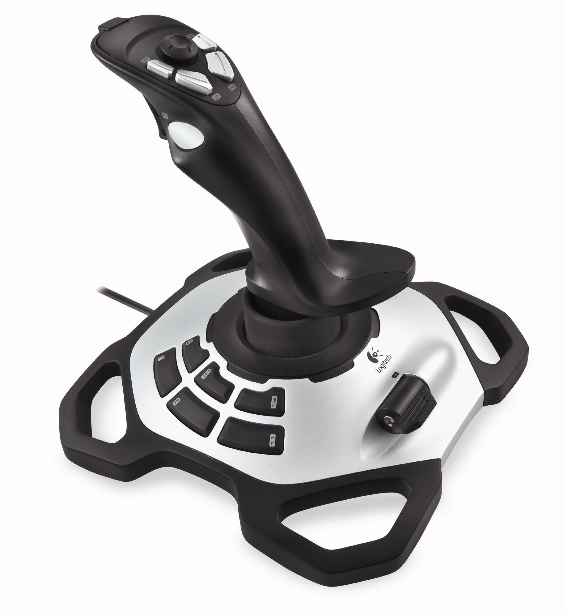 Joystick om te gamen. Zwart en zilver met knoppen en een stick. Witte achtergrond.