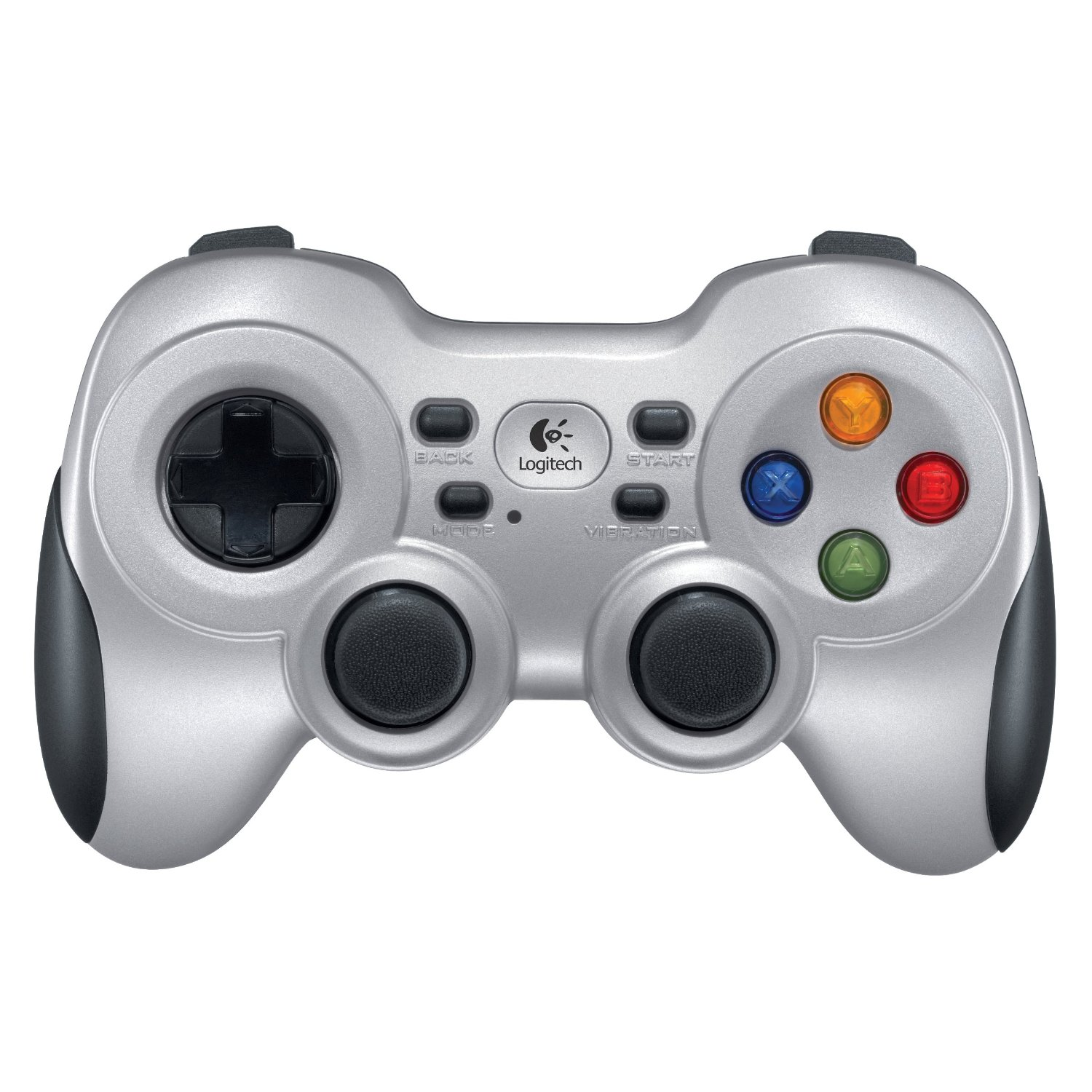 Zilveren Logitech gamepad met zwarte knoppen en een Logitech logo.