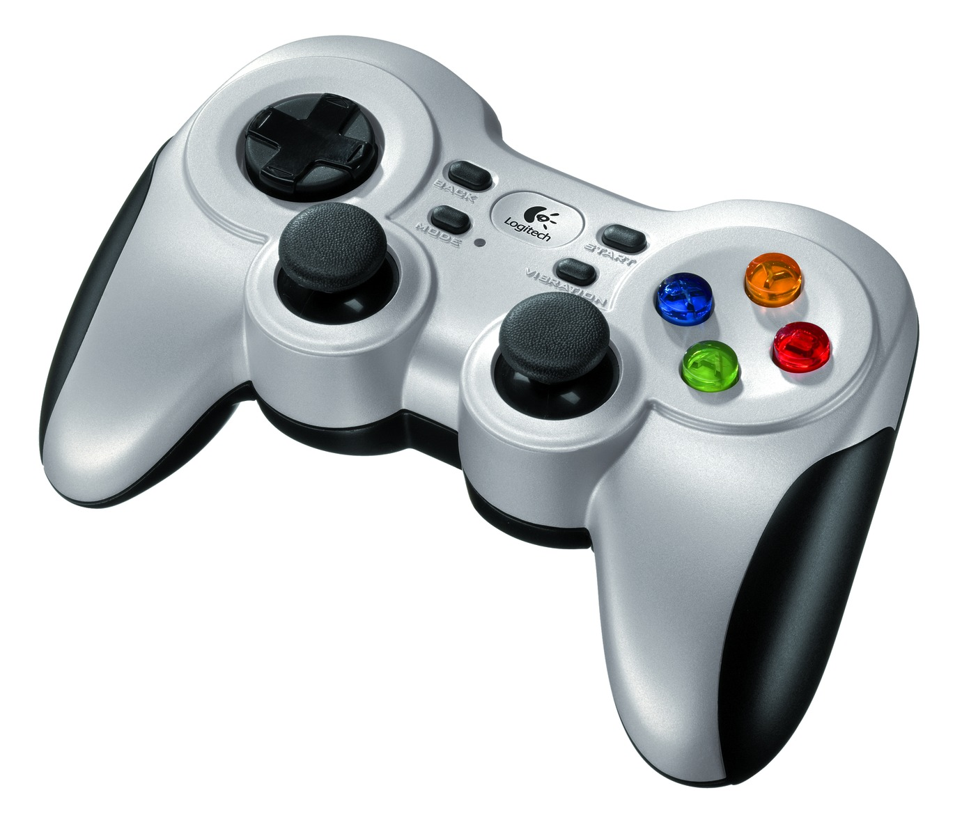 Een zilveren Logitech gamepad met zwarte grepen en multi-gekleurde knoppen.