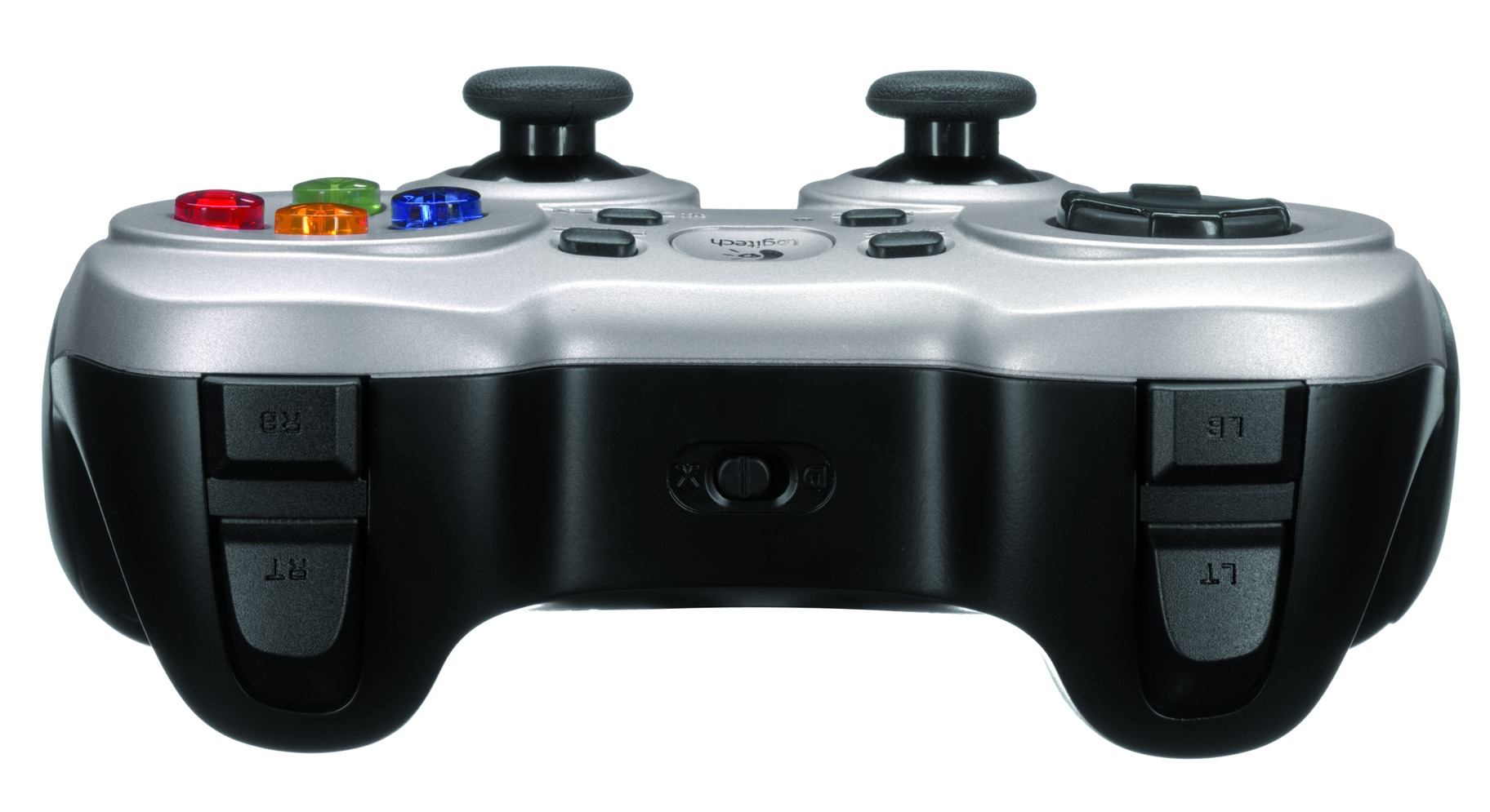 Gamecontroller: Zilver-zwarte gamepad met knoppen, joysticks en triggers.