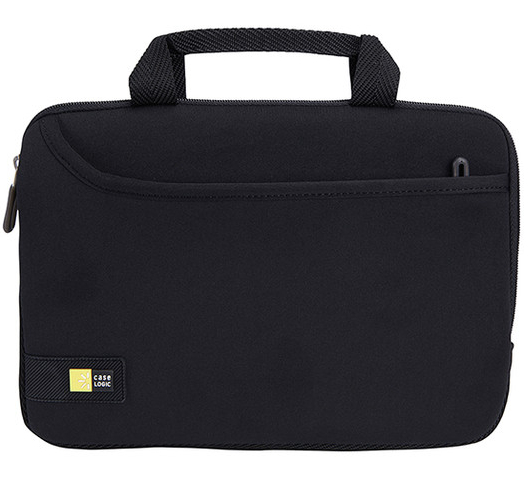 Zwarte laptoptas met een handvat, Case Logic logo en een rits.